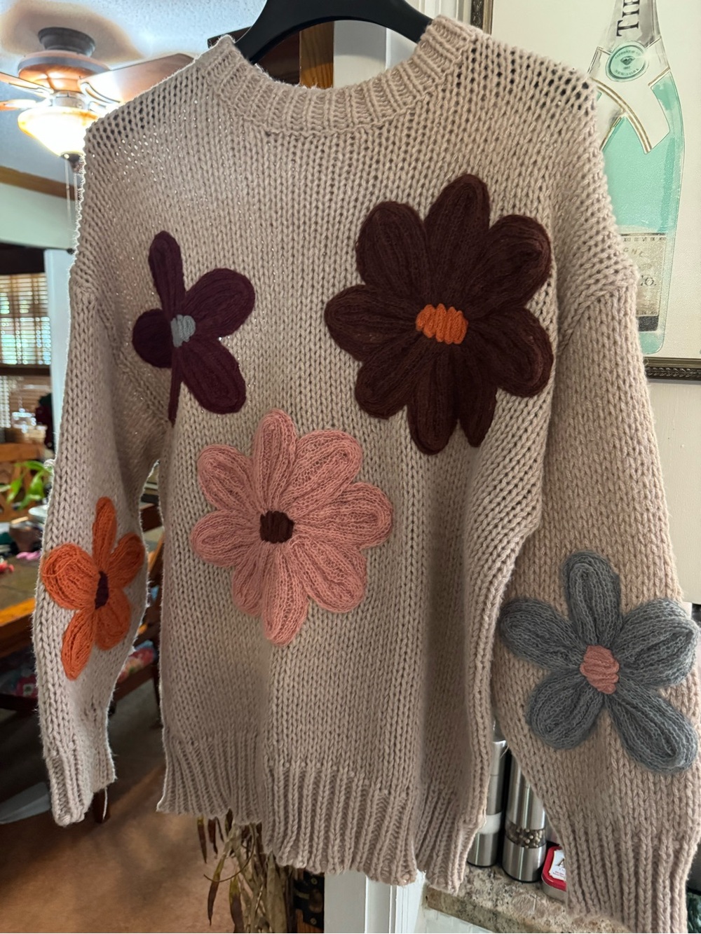 Katydid Cream Crewneck Sweater with Multicolor Floral Yarn Appliqués - Picture 1 of 8